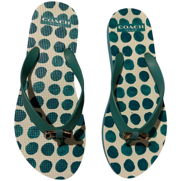 Coach Flip Flops Women Size 5/6 Green Dot Bow Flat Slip On Thong Sandal New York - Picture 14 of 16